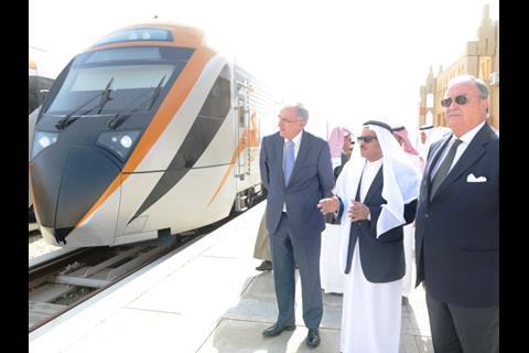 SRO President Mohammed bin Khalid Al-Suwaiket inspected the new trains at Dammam with CAF CEO Andrés Arizkorreta García (left) and Spanish Ambassador Joaquin Perez Villanueva (right).